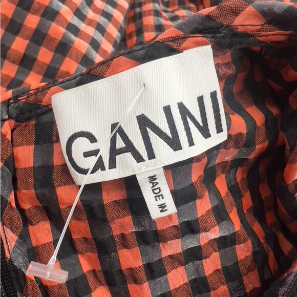 Ganni Iridescent Checked Seersucker Mini Dres Orange black sz 36 - Picture 7 of 11